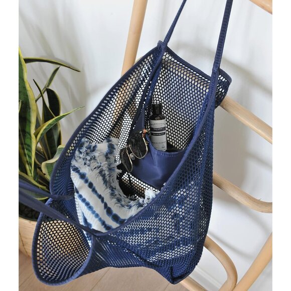 Women's Dark Blue Mesh Beach Nylon & Polyester No-closure Tote Shoulder Handbag - Picture 3 of 6